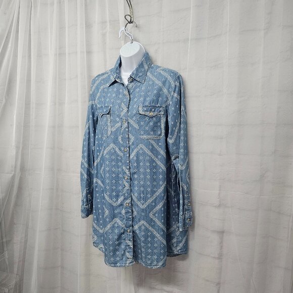 Wrangler Blue tunic button Up blouse Western Boho Casual M - Picture 6 of 12